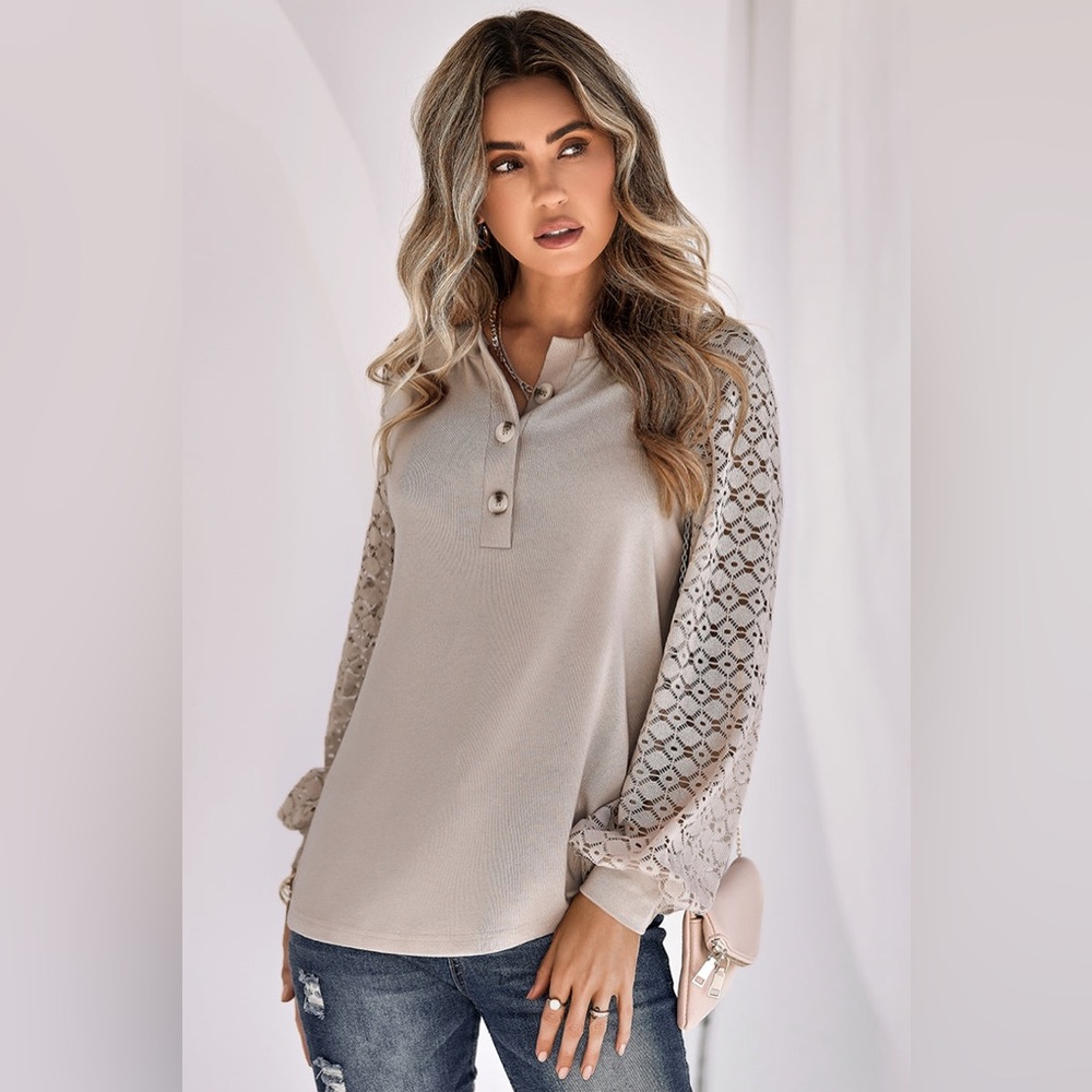 Sandy Color Block Button Lace Knit Top - Picture 2 of 2